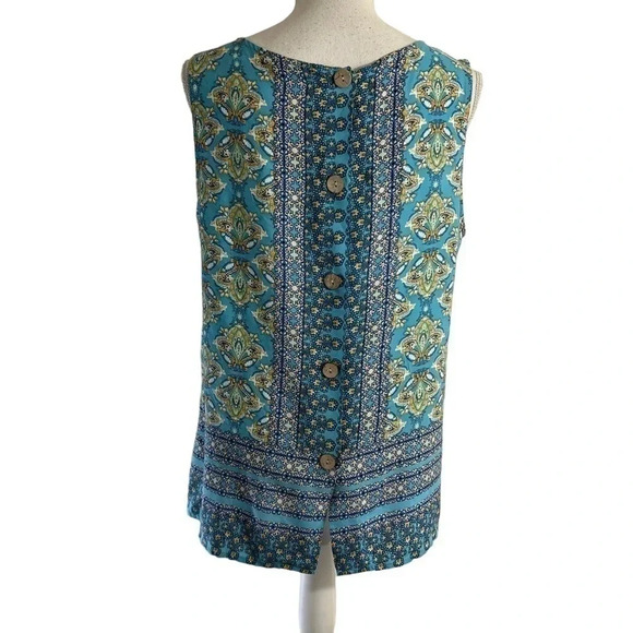 Soiree Floral Blouse Large Blue Yellow Sleeveless Tank Top Backside Button Up - Picture 2 of 5